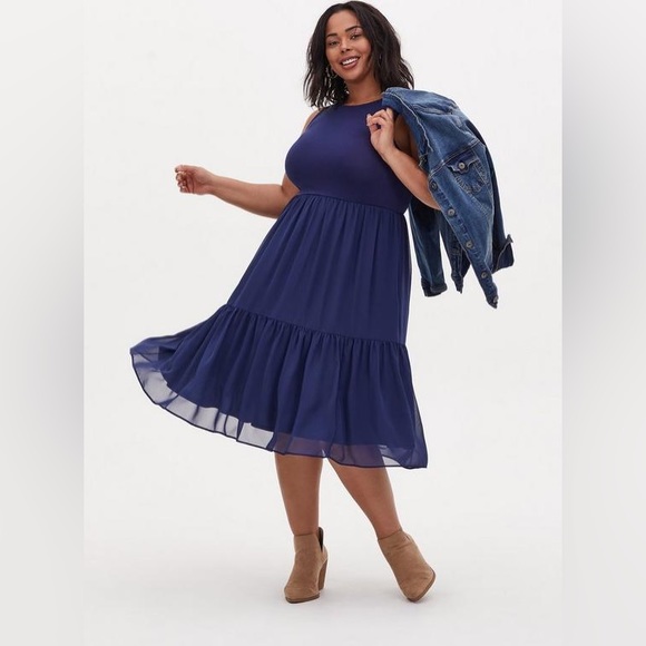 NWT Torrid Midi Super Soft Shirred Dress - Medieval Blue - 3/3X/22-24 - Picture 2 of 9